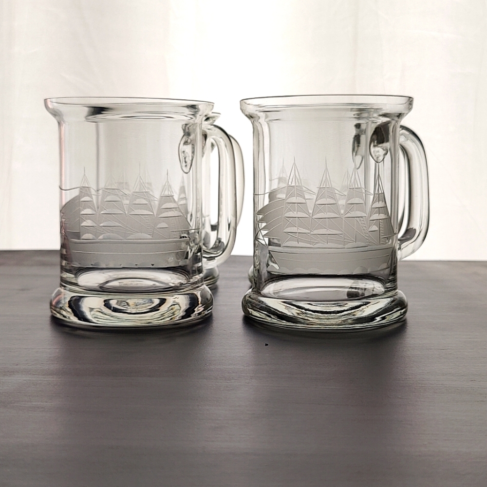 4 crystal | 🍺 Beer Mugs with etched vintage schooner / clipper image
